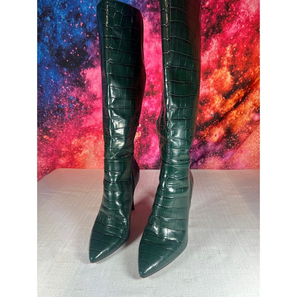 Mix No. 6 Dark Green Croc Embossed Pointed Toe Stiletto Knee High Boots Womens 7